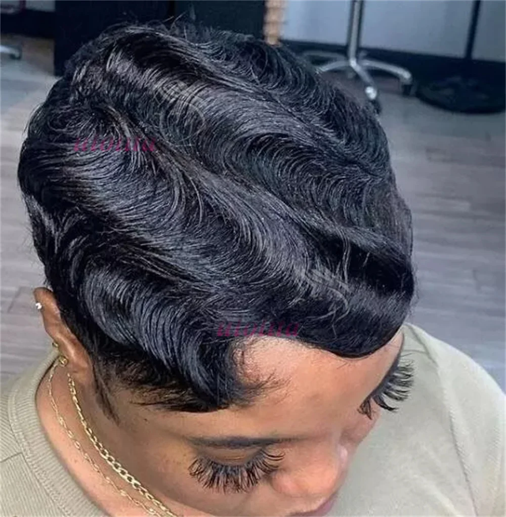 Pixie Cut Finger Wave Kurze Bob-Perücken für Schwarze Frauen, Echthaar Ocean Wave Kurze Indische Echthaar-Perücke 13X4 Lace Front Perücken – Detail 12