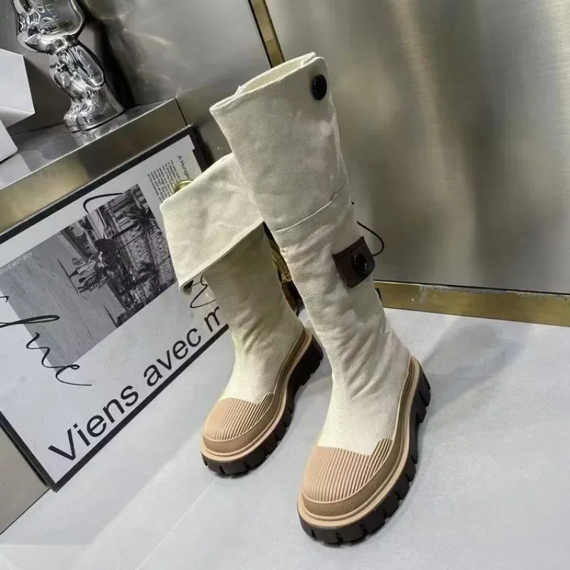 Women Flats Platform Fashion Denim Chelsea Boots Shoes Designer Knee High Motorcycle Boots Casual Goth Shoes Snow Botas Mujer