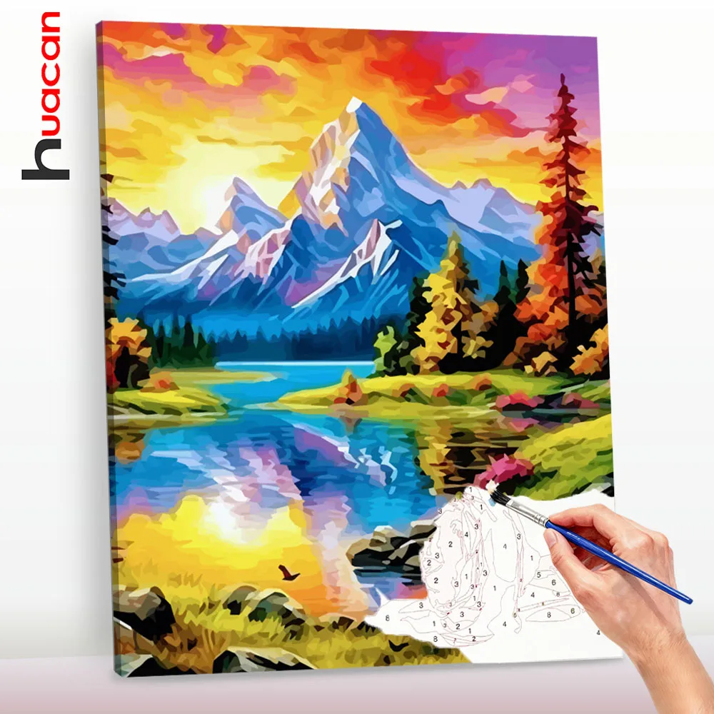 Huacan Painting By Numbers Sunset Mountain River Landscape Drawing On Canvas HandPainted Gift Home Decoration﻿﻿﻿
