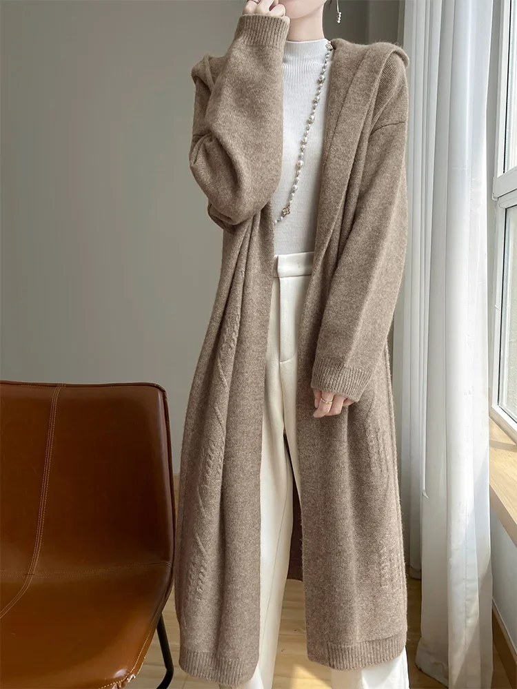 Chic Women's Sweater Autumn Winter Clothing 100% Merino Wool Sweater Hooded Cardigan Casual Windbreaker Knitted Long Outerwears
