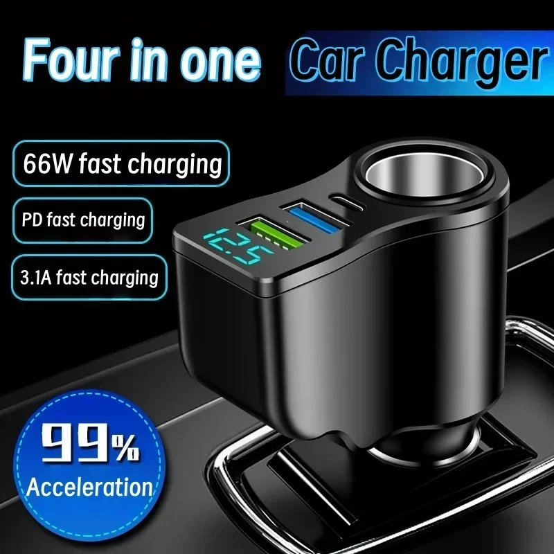 66W 4-Port-Autoladegerät, schnelles Laden, USB Typ C, Zigarettenanzünder, PD QC3.0, Autoladegerät für iPhone, Samsung, Huawei, Xiaomi