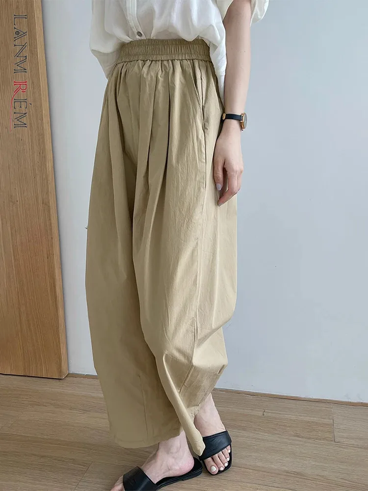 

[LANMREM] Minimalism Elastic High Waist Wide Leg Pants For Women Straight Loose Casual Trousers Fashion 2024 Summer New 26D9371