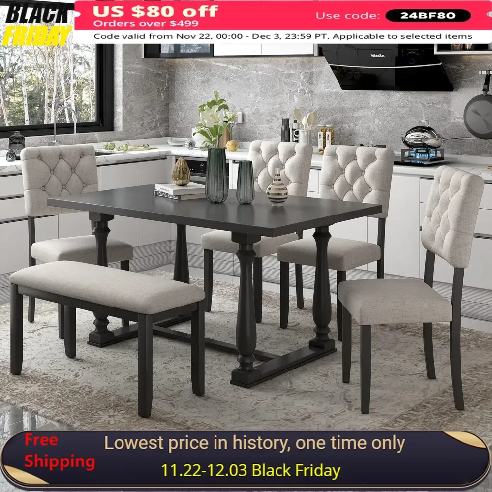 

6-Piece Dining Table and Chair Set with Special-Shaped Legs and Foam-Covered Seat Backs&Cushions for Dining Room