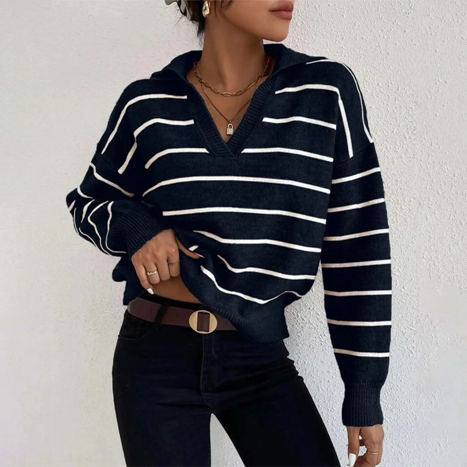 Women Striped Pullover Sweater V Neck Casual Loose Color Block Lightweight Long Sleeve Knitted Fall Tops