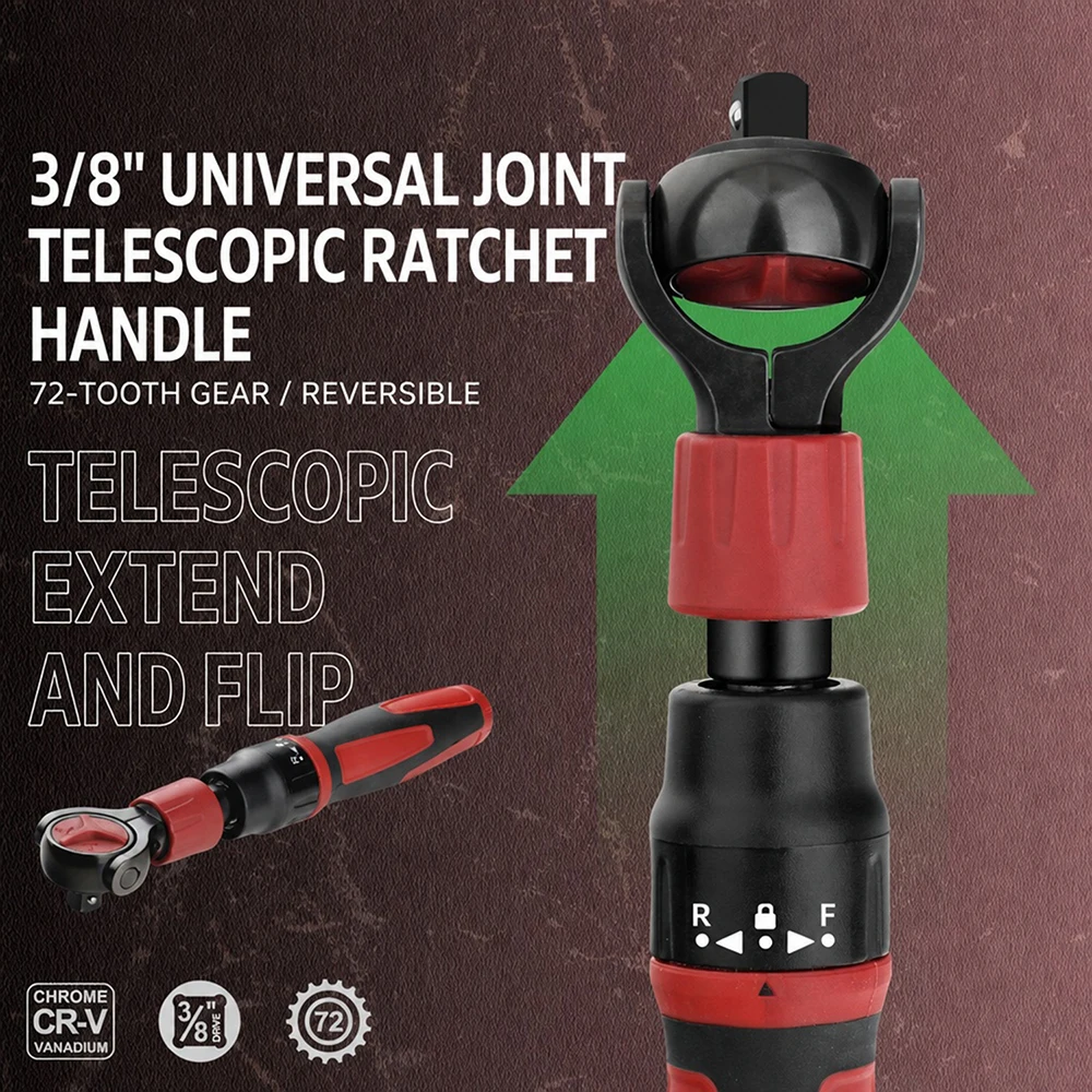 3/8 Inch Ratchet Wrench Steel 72T Socket Wrench Flexible Head Wrench Quick Release Reversible Wrench Hand Repair Tool