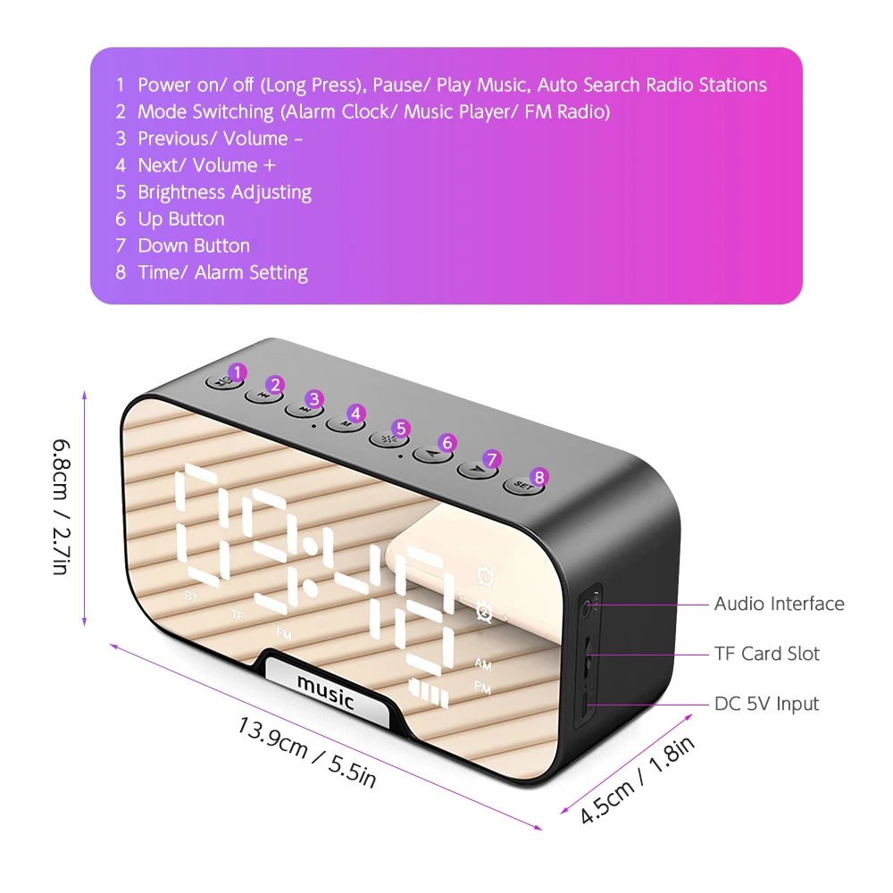 Sveglia con superficie a specchio digitale altoparlante BT portatile da tavolo e scheda TF di supporto ricaricabile per Radio FM per viaggi in