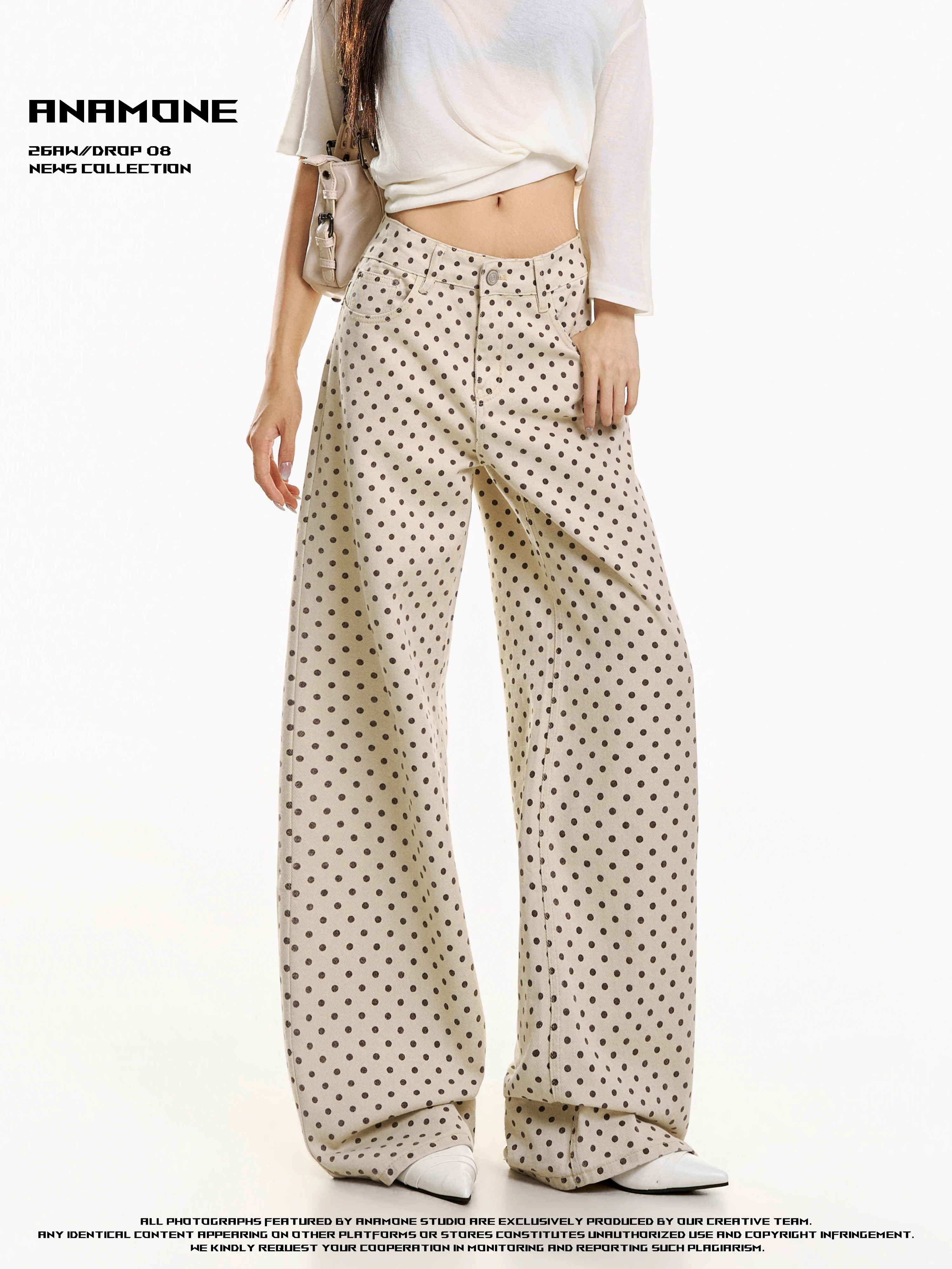ANAMONE Casual Polka Dot Wide Leg Pants Women's Loose Fit High Waist Slimming Vintage Trousers Korean Style Milk Yellow