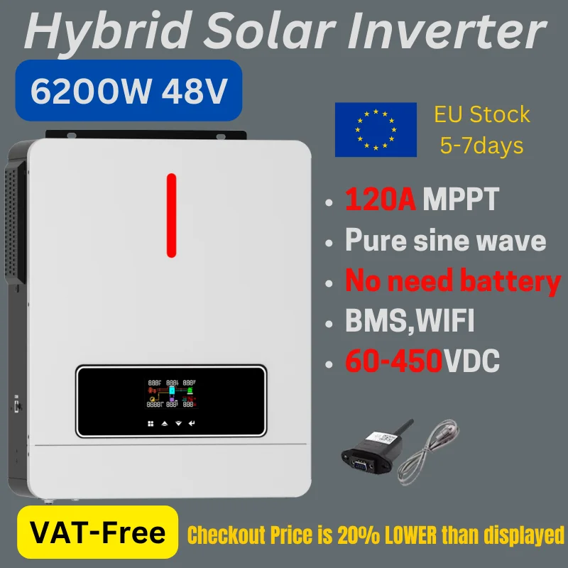 

6.2KW 48V Solar Hybrid Inverter Pure Sine Wave 120A MPPT Off-Grid and On-Grid 48VDC 220VAC Dual Output WIFI,Build in BMS