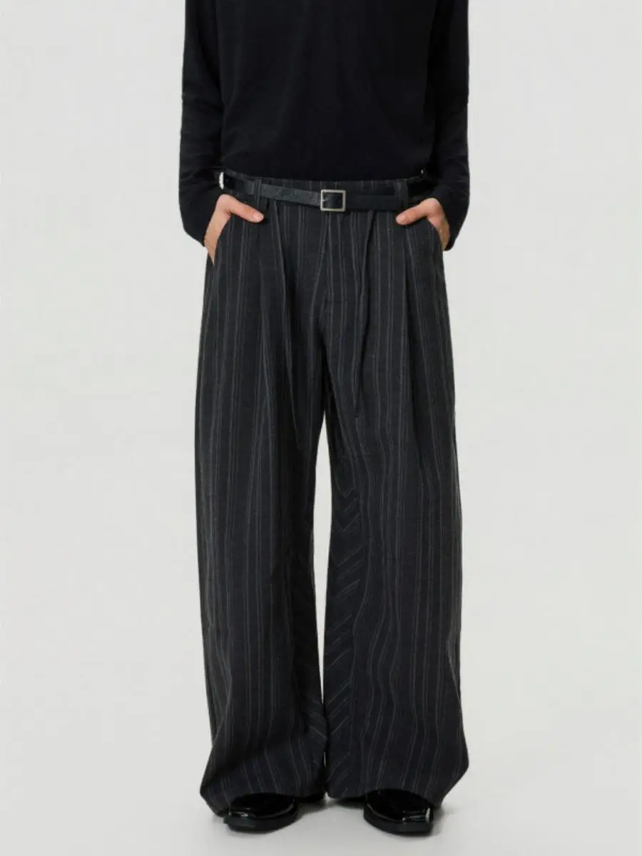 Loose Texture Loose Sensation Swordsmanship Stripe Belted Drapey Wide Leg Casual Vintage West Pants Business Suitable