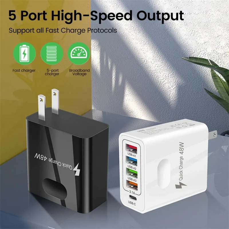 5 in 1 USB Charger 48W Fast Charger Multi-port Charger PD Fast Charger 4U+PD 5V/3.1A 9V/2.4A 12V/1.8A EU US UK Charging Plug