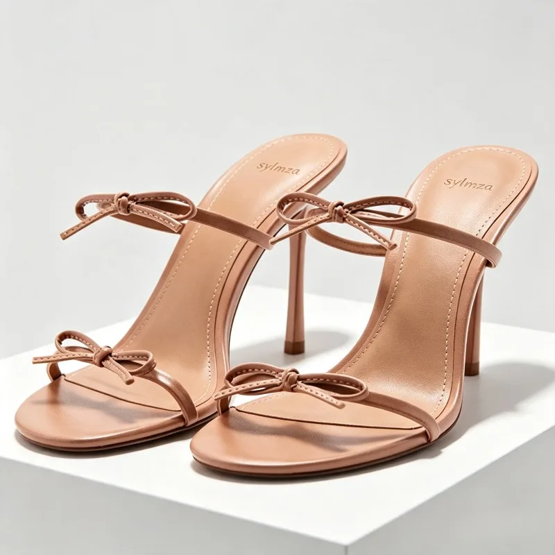 Sandales mules à nœud papillon de haute qualité pour femmes, à bout pointu, à bride étroite, talons hauts, chaussures d'été sexy à bout ouvert