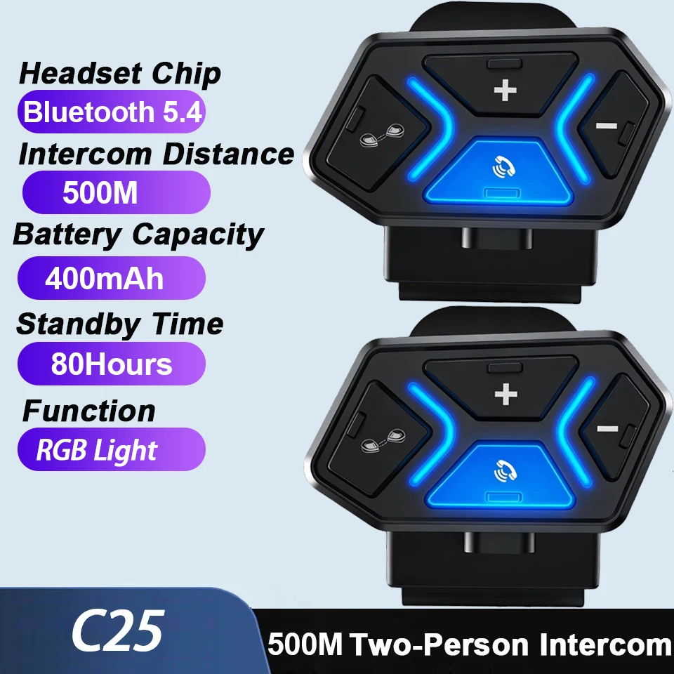 

1/2 шт. C25 Мотоциклетная гарнитура для шлема 400 мАч 500М с интеркомом, стерео Bluetooth 5.4, беспроводная гарнитура Hands-Free, музыкальный плеер