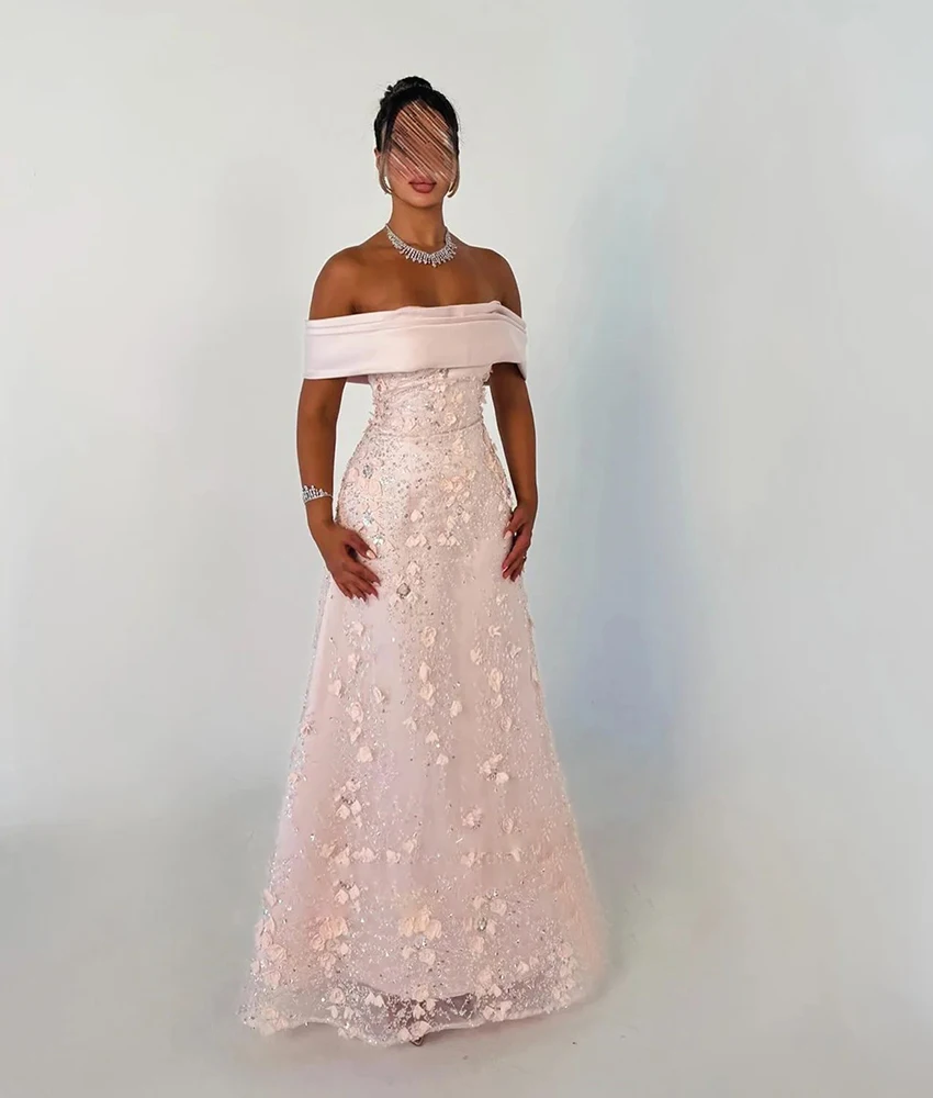 

Lzhk Customized Exquisite Satin Mermaid Off the Shoulder Sequined Crystal 3D Flowers Evening Dress Delicate Celebrity Gowns