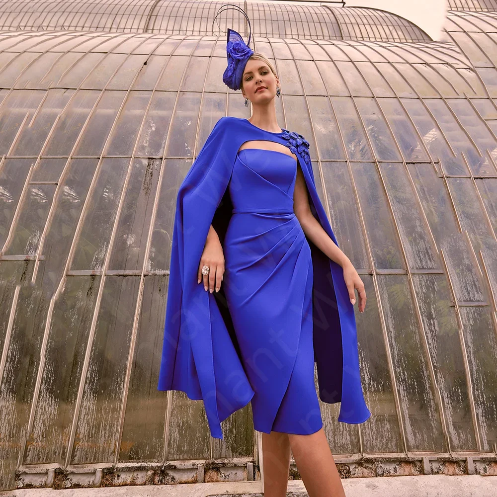 ヴィンテージセール中 ロイヤルブルーの花嫁の母用ドレス ケープ付きマザードレス 2024 ツーピース ウェディングパーティードレス ティーレングス