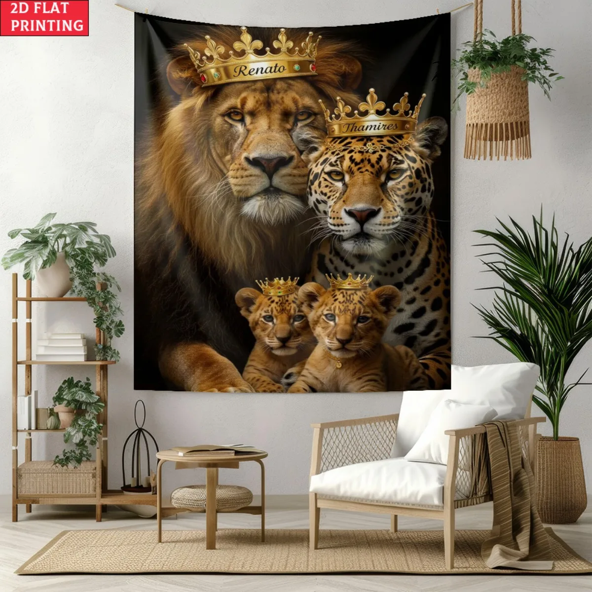 Royal Lion and Leopard Tapestry, King Queen with Cubs Wall Hanging, Wild Animal Aesthetic Room Decor Extra large size