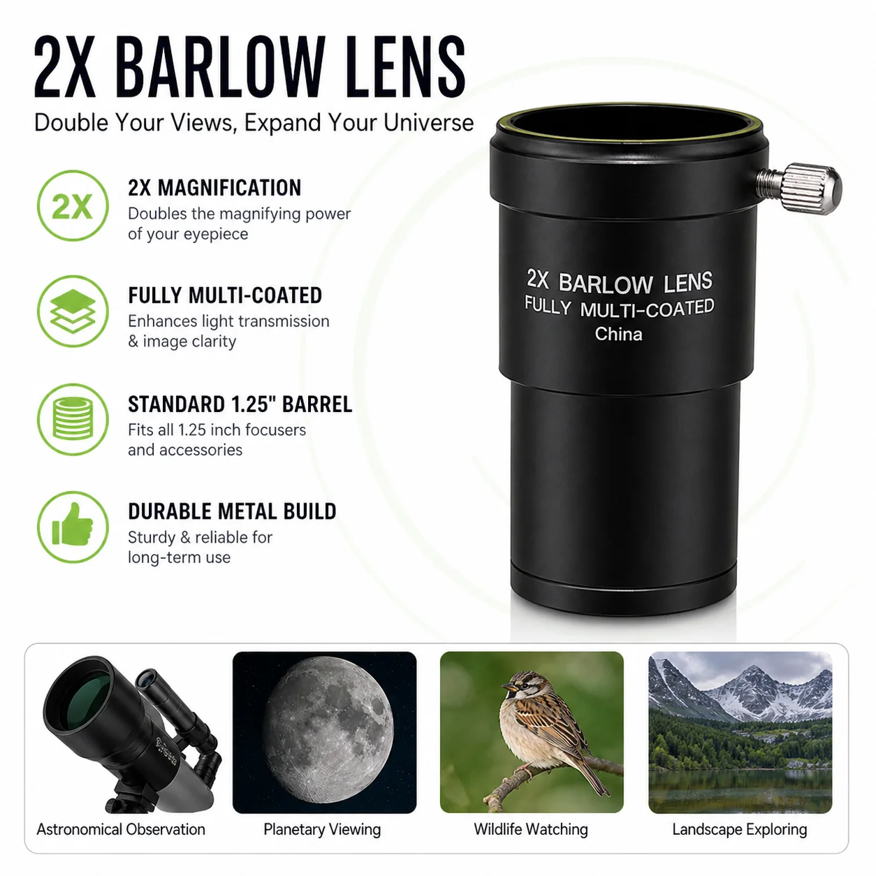 Lente Barlow Universal 2X, Accesorio para Telescopio Astronómico de Metal de 1.25 Pulgadas, Lente Óptica FMC para Observación Planetaria y de Vida Silvestre en Alta Definición