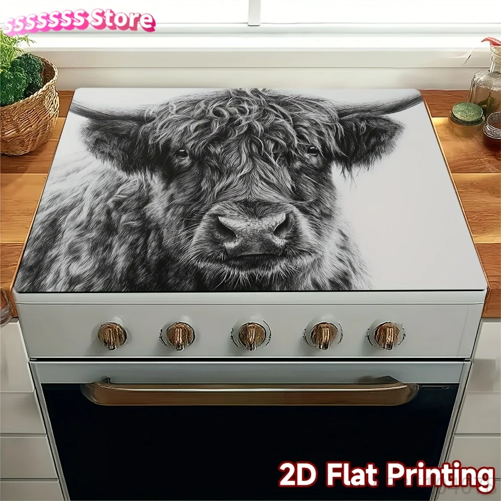 2D Flat Printing Stove Protector Cover Featuring a Modern Highland Cow Portrait Design, Ideal As a Scratch-Resistant Protective