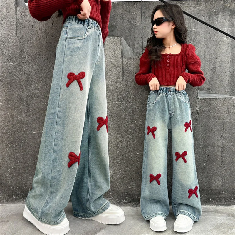 Casual Versatile Pants Girls Spring Fashion Bow Towel Embroidery Jeans Children Daily Outdoor Comfort Trousers 5-14 Years Old