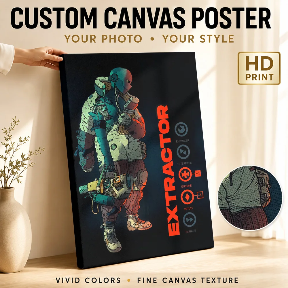 Sci-fi Extractor Character Art Framed Canvas Print Poster Customized Photo Gaming Anime Canvas Wall Art for Teen Bedroom Decor
