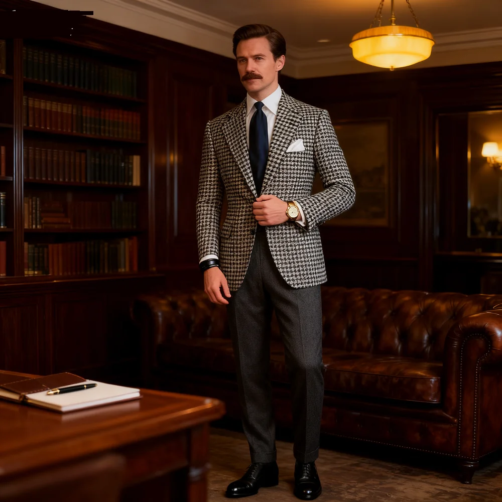 

Men's Houndstooth Business Blazer 2025 Formal Jacket Xadrez Embossed Lapel Terno Male Fashion Coat Elegant Casual Suit