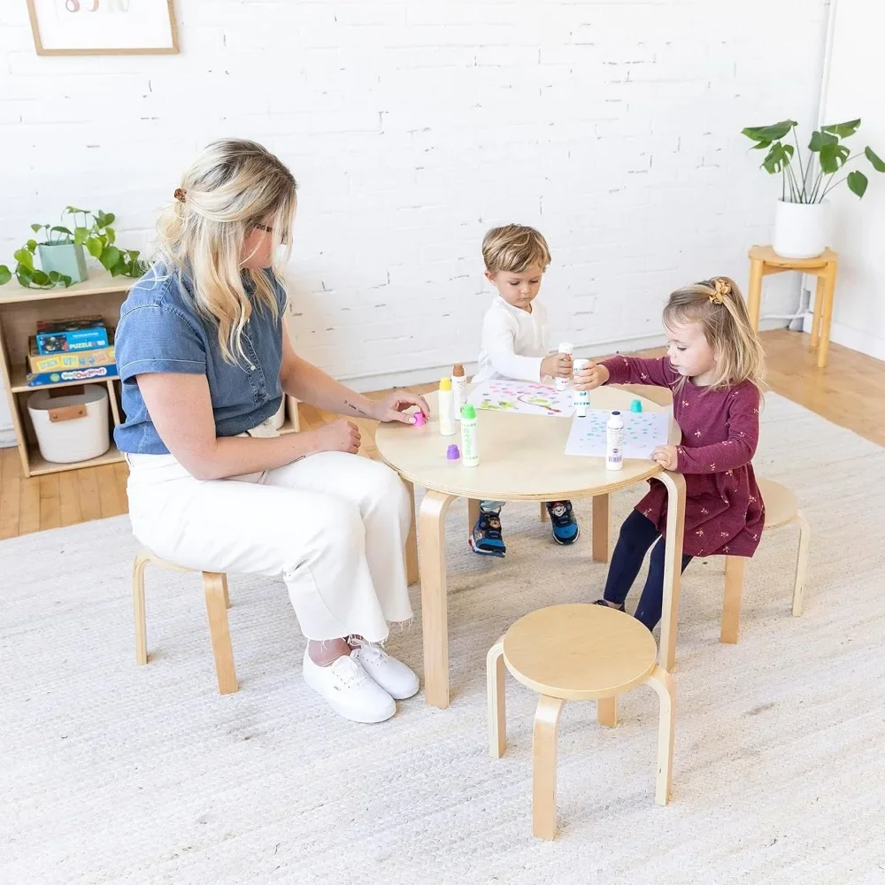 ECR4Kids-Ensemble table et tabouret arrondis en bois courbé, meubles pour enfants, naturels, assortis, 5 pièces