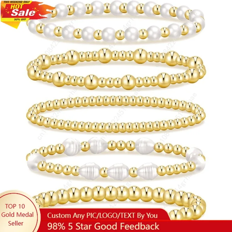 

Gold Beaded Bracelets for Women, 14K Real Gold Plated Jewelry for Women Dainty Pearl Bead Bracelets Stack, Non Tarnish Trendy St