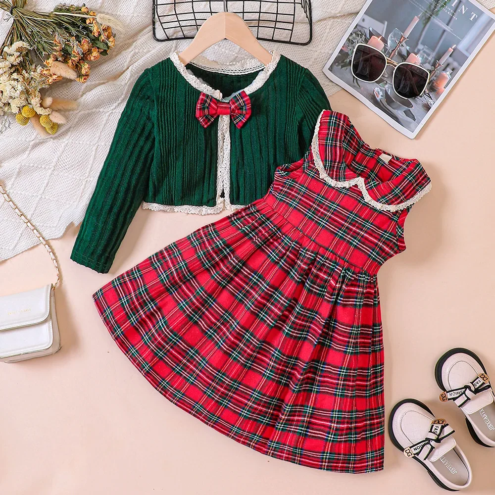 

Kid Plaid Christmas Dress Sets for Girls Autumn Winter 2023 Toddler Long Sleeve Casual Lace Knit Cardigan Tops Children Clothing