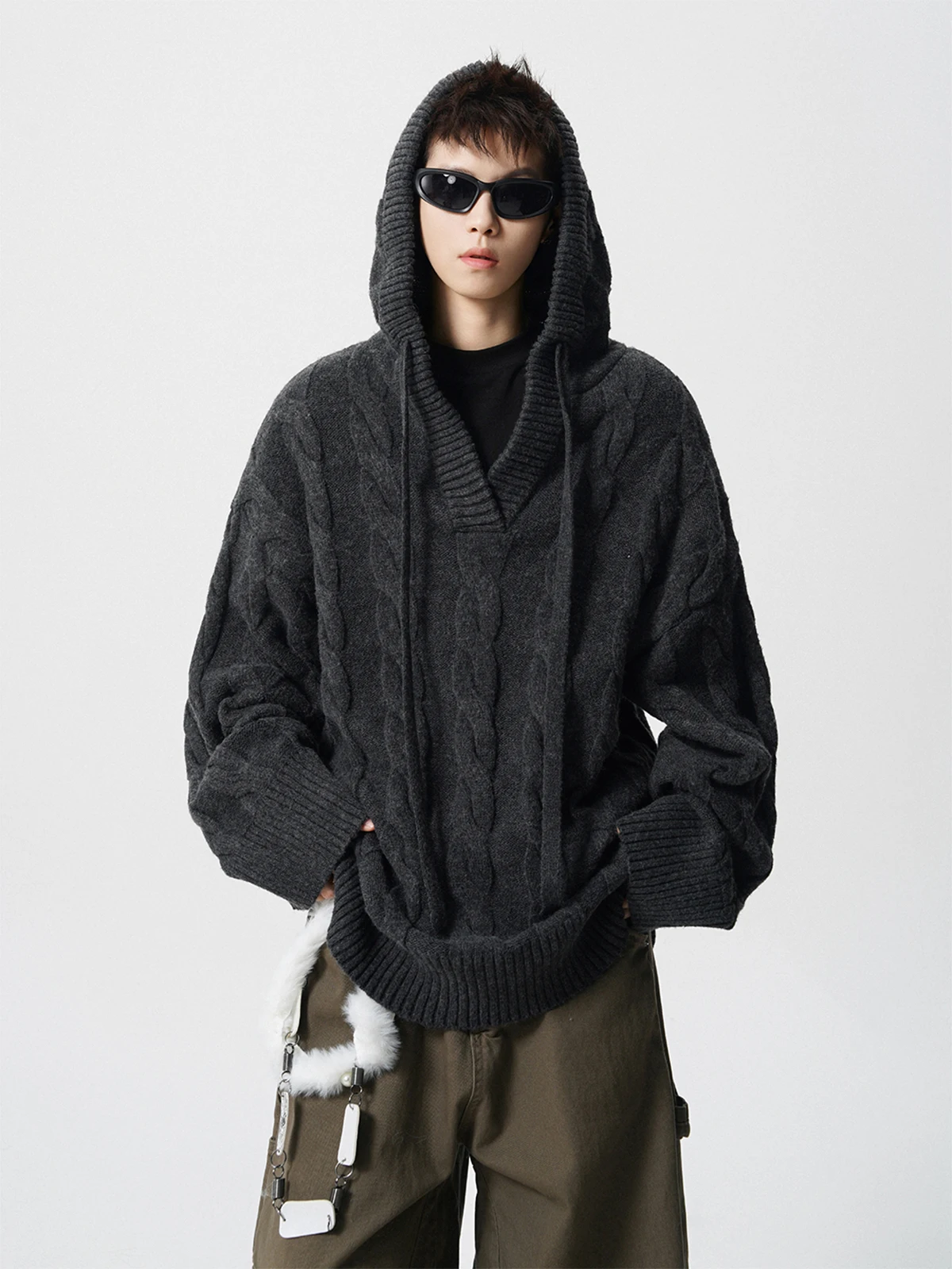 2025 Autumn Winter American Retro Wheat Pattern Black Knit Sweater Men's High Street Loose Casual Khaki Gray Hooded Sweater