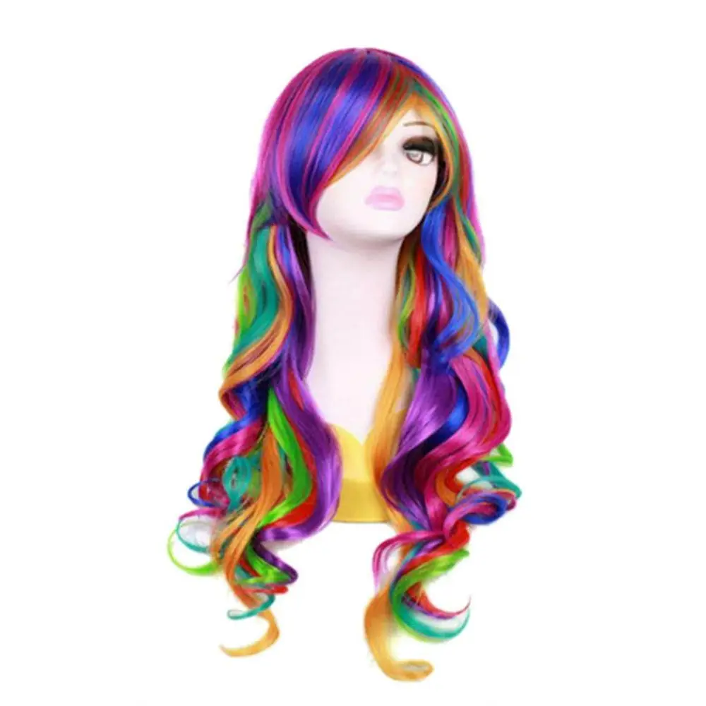 

Long 27.56 Rainbow Curly Wig, Colorful Wavy Cosplay Heat Resistant Synthetic Wig