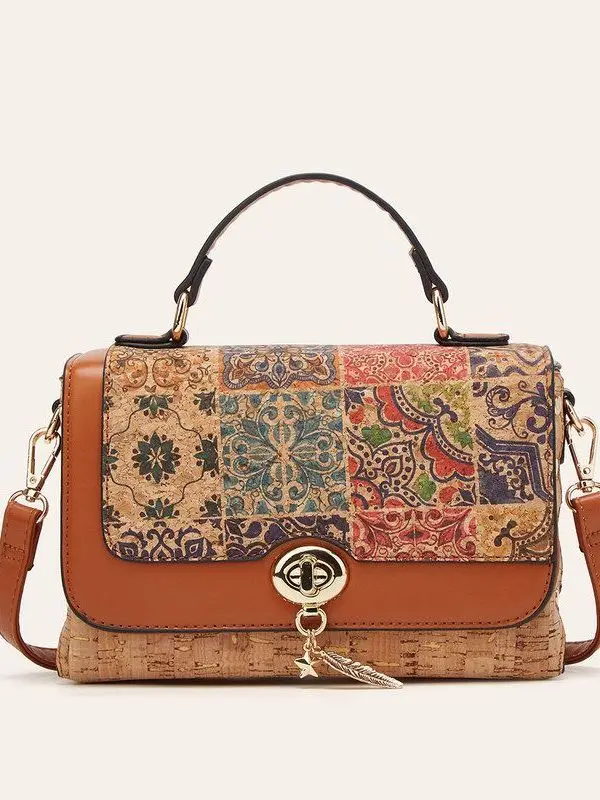 Muli Wind Cork Tree Bark Printed  Square Handbag Crossbody Bag Soft Leather Handbag Women's Daily Use PU 