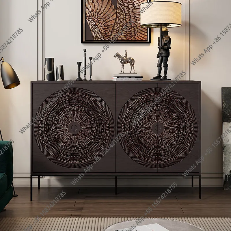 Nordic retro solid wood dining side cabinet, villa partition wine cabinet, antique creative light luxury door cabinet