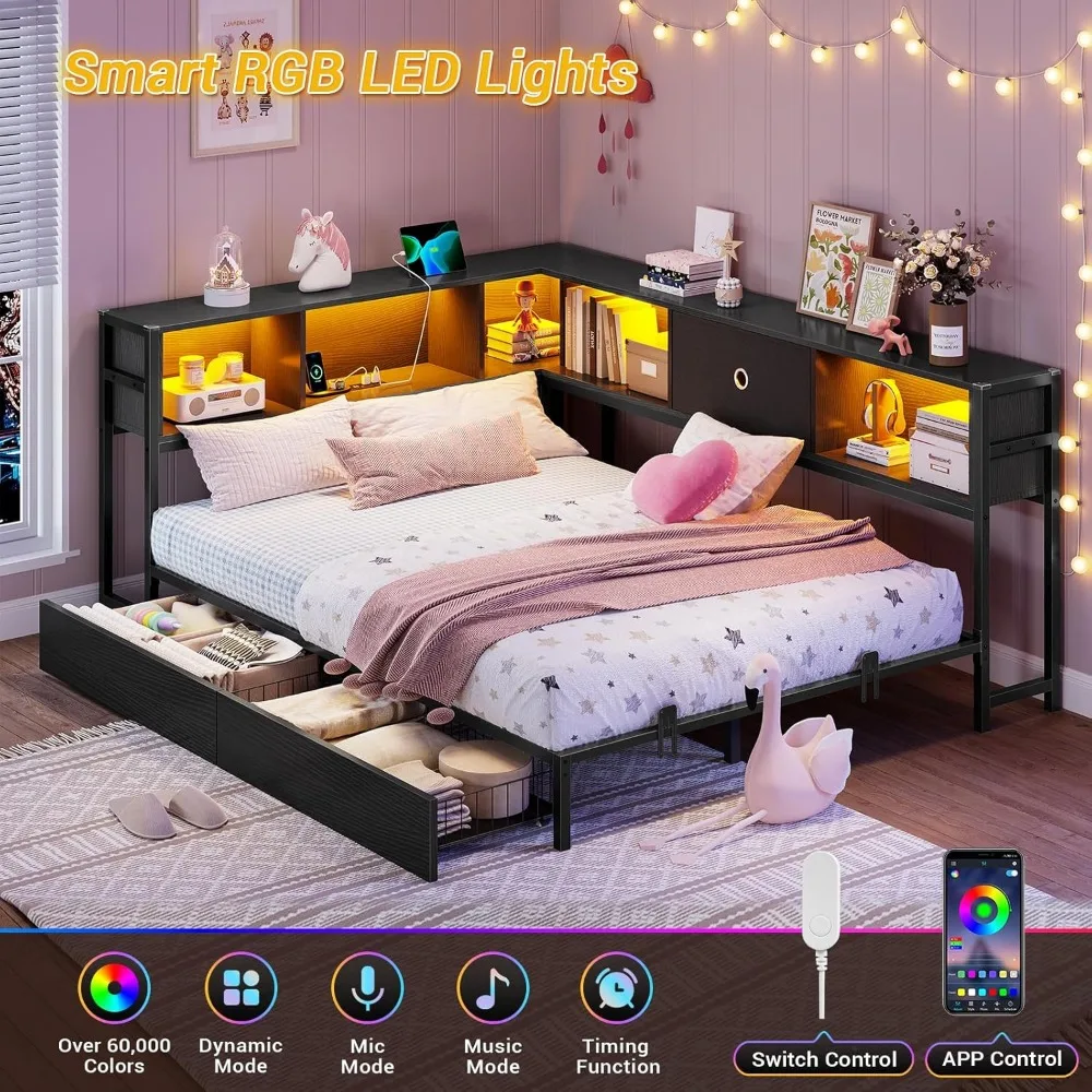 Estrutura de cama de canto completa com estante de armazenamento, cama de dia com gavetas de armazenamento, cama de plataforma de metal com estação de carregamento