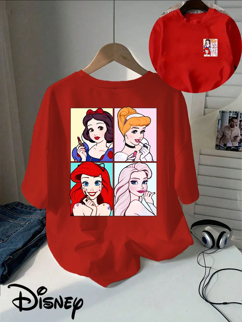 Disney autorizado princesa beleza criativa impressa camiseta, gola redonda casual superior adequado para o verão e tops de manga curta