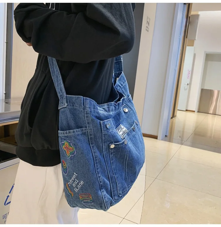 Washed Denim Tote Bags For Women Shoulder Book Bag Blue Jean Star Embroidery Multi-pocket Big Capacity Shopper Messenger Y2K Bag