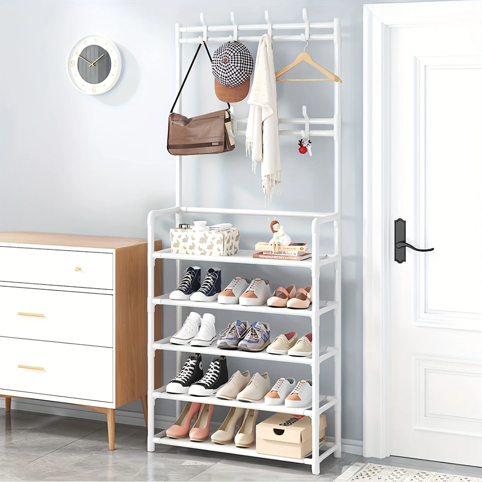 Sturdy Hanger and Shoe Storage Box Freestanding with 8 Hooks and Shelves Perfect for Organizing Coats and Shoes in Home Entrance image 6