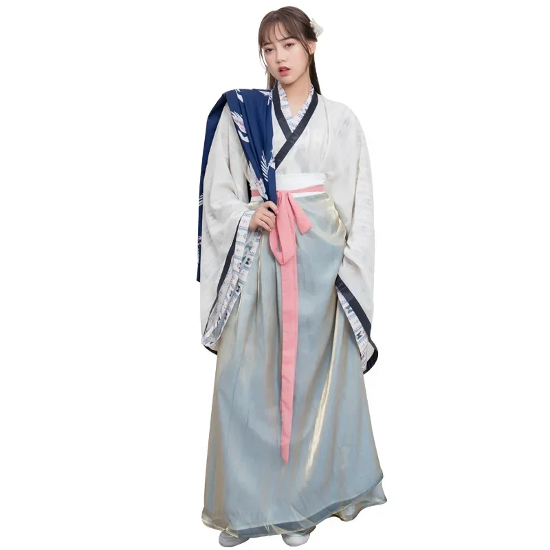 Original WeiJin Dynasty Big Sleeved Top Color Changing Skirt Crane Print Robe Hanfu Suit Women Improve Chinese Cosplay Costumes