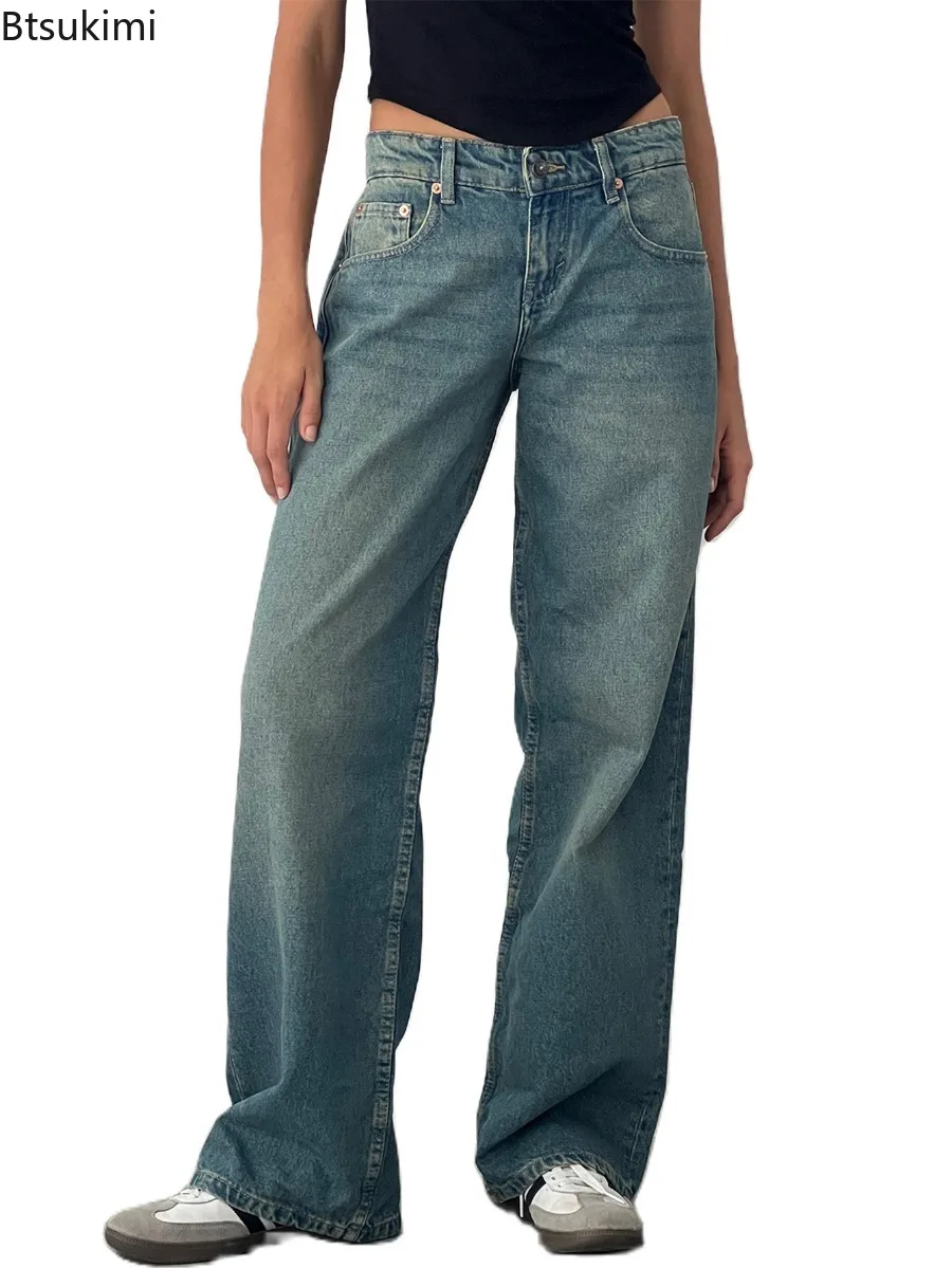 ผู้หญิงวินเทจความงาม Y2k Low Rise Baggy กางเกงยีนส์หลวม Fit กางเกงขากว้างตรงสําหรับผู้หญิงอินเทรนด์ยืดยาวกางเกงยีนส์