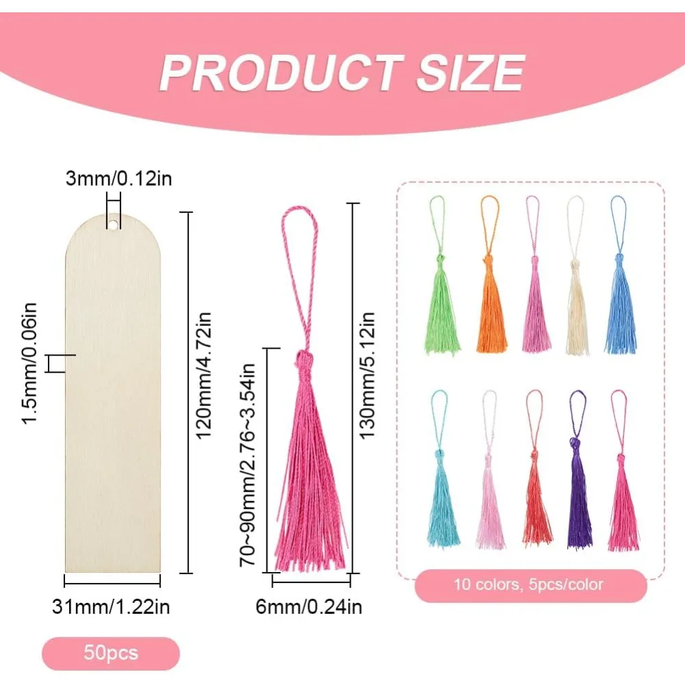 DIY Bookmarks Making Kits Including Unfinished Wood Big Pendants Polyester Tassel Decorations Arch 120x31x1.5mm Hole: 3mm