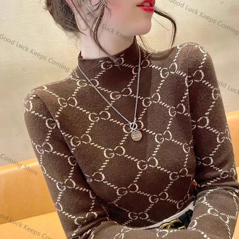 Vêtements pour femmes Vintage tout-match à manches longues tricot pulls automne hiver nouvelle mode mince col montant chandails bureau montre de sport