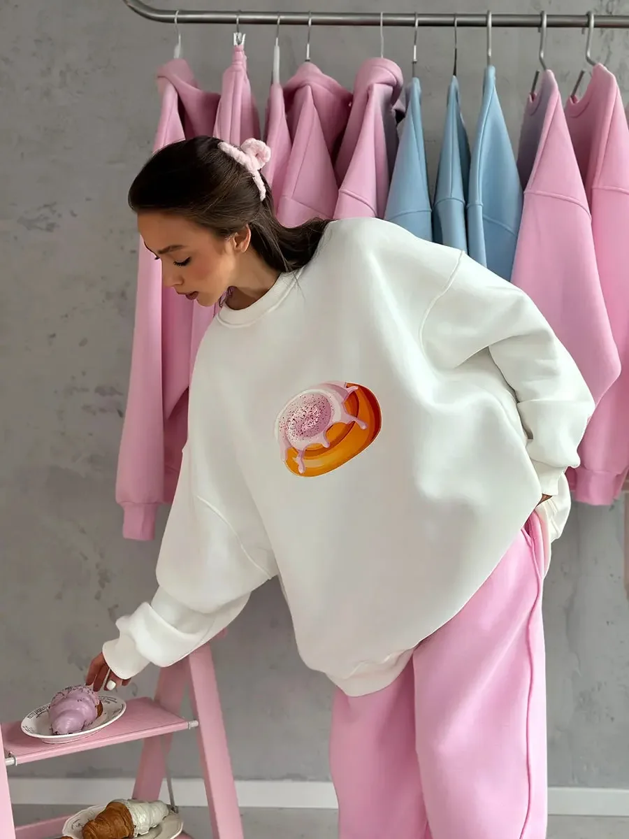 

New Autumn Winter Cake Printed Pullover Women's Plush Loose Slimming Long Sleeves Sweatshirts O-neck Pullover Hoodie