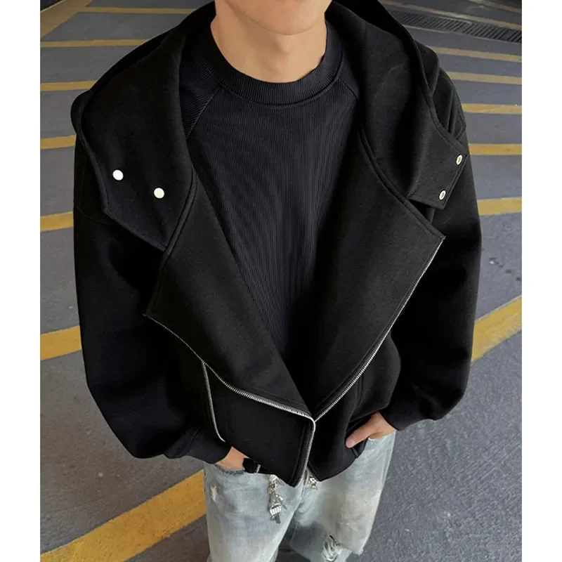 Autumn Men's Double Zipper Hooded Cardigan Jacket Irregular Deconstructed Design American Streetwear Heavyweight Long Sleeve