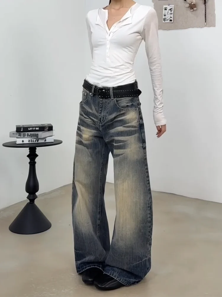 

Retro American Large Size Jeans Women High Waist Wide Leg Pants Faded Washed Knife Slimming Trousers Commute Wear