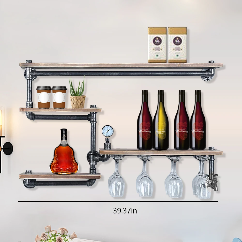 

39.37in Hanging Wine Racks Bottle Shelf with 4 Stem Glass Holder Bar Shelves Wall Mounted Kitchen Wine Holder