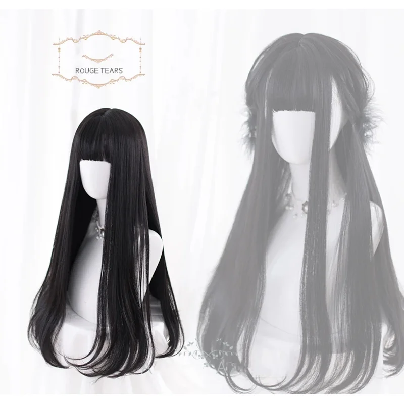Parrucca sintetica nera lunga e dritta per donna con frangia parrucche Lolita Cosplay nere capelli naturali resistenti al calore