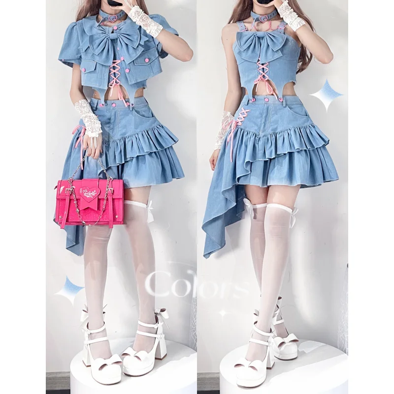 3 Piece Y2K Kawaii Denim Skirts Sets Korean Ruffle Bow Bandage Spaghetti Straps Tops Irregular Mini Skirts Women Jeans Suits