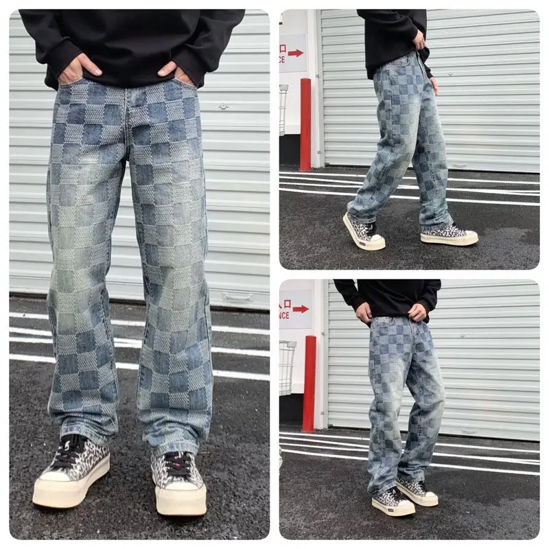Blue Washed Loose Straight Men's Plaid Printed Jeans Casual High Street Vintage Y2k Pants Stock Jeans Trousers for Men