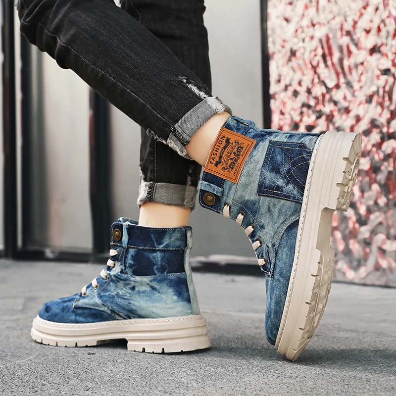 

Men's Four-season Mid-top Flat Lace-up Large Size Soft-soled Anti-slip Versatile Denim Fashion Trend Brand Casual Walking Shoes