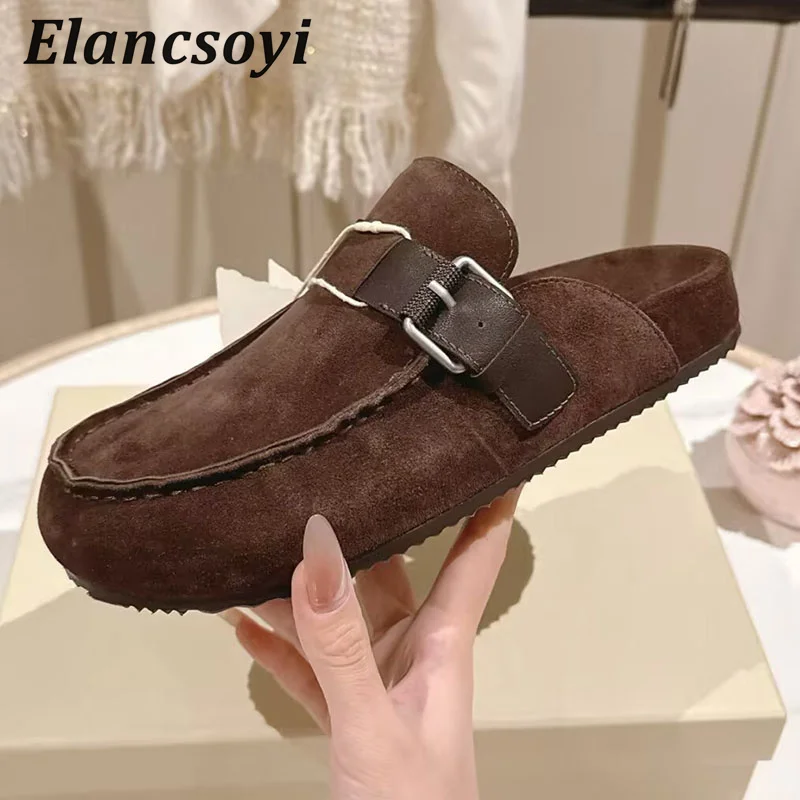 Slippers Women Thick Bottom Baotou Half Slippers String Bead Flat Lazy Mules Shoes Spring Autumn Suede Belt Buckle Casual Shoes