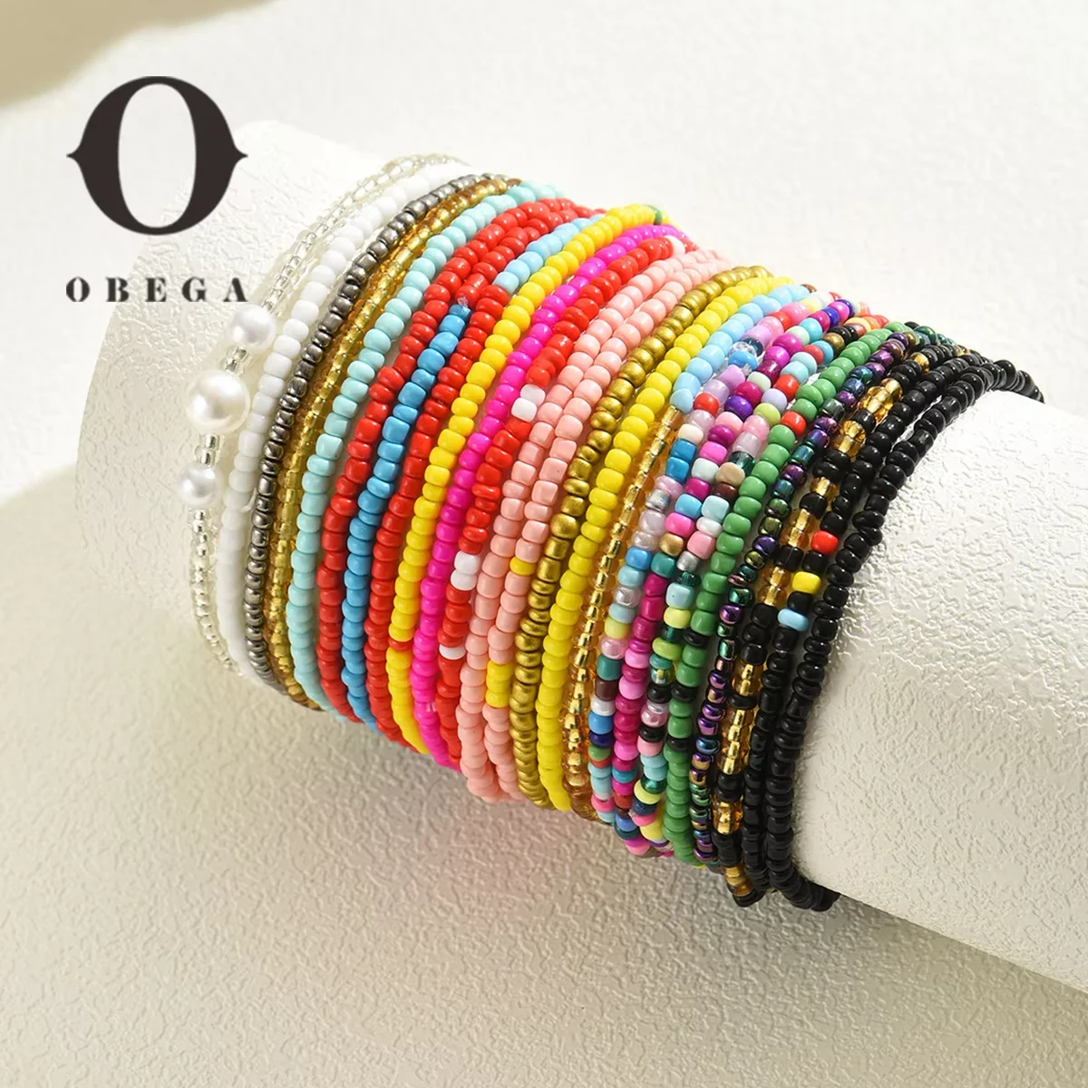 Obega 24PCS Rainbow Color Glass Bead Stackable Bracelets For Women Imitation Pearl Elastic Bracelets Bohemia Trendy Jewelry Set