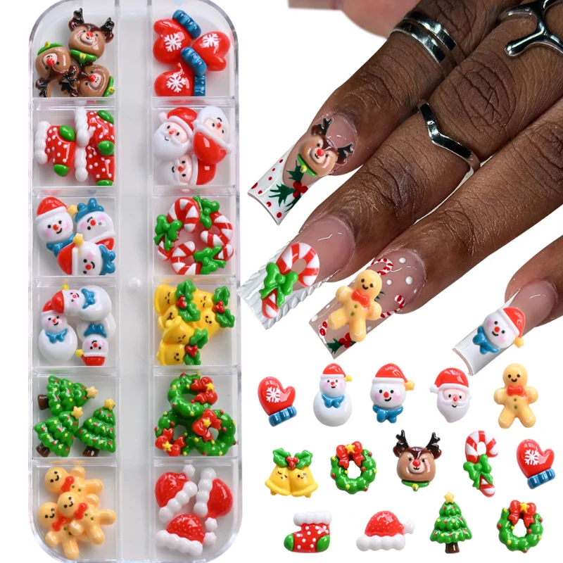 

12 Grids Christmas Nail Accessories Snowflake Deer Santa Claus Nail Decoration Press On Nails DIY Nail Manicure Tools